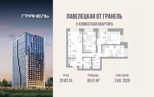 Планировка трехкомнатной(квартира) площадью 85.91 квадратных метров в “ЖК Павелецкая от Гранель”