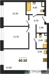 Планировка двухкомнатной(квартира) площадью 60.5 квадратных метров в ЖК “Жилые кварталы Белый Град”