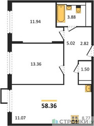 Планировка двухкомнатной(квартира) площадью 58.36 квадратных метров в ЖК “ЖК Остафьево”