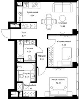 Планировка двухкомнатной(квартира) площадью 56.8 квадратных метров в “ЖК Сити Бэй”