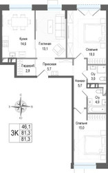 Планировка трехкомнатной(квартира) площадью 81.3 квадратных метров в ЖК “ЖК КИНОКВАРТАЛ”
