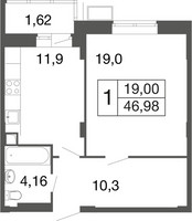 Планировка однокомнатной(квартира) площадью 46.9 квадратных метров в “ЖК Времена года”