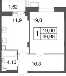 Планировка однокомнатной(квартира) площадью 46.9 квадратных метров в ЖК “ЖК Времена года”