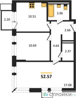 Планировка двухкомнатной(квартира) площадью 52.57 квадратных метров в “ЖК Квартал Авиаторов”