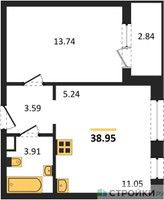 Планировка однокомнатной(квартира) площадью 38.95 квадратных метров в “Жилые кварталы Новое Пушкино”
