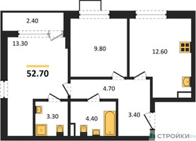 Планировка двухкомнатной(квартира) площадью 52.7 квадратных метров в “ЖК Прокшино”