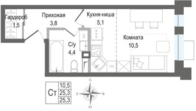 Планировка студии(квартира) площадью 25.3 квадратных метров в ЖК “ЖК КИНОКВАРТАЛ”