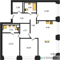 Планировка трехкомнатной(квартира) площадью 84.42 квадратных метров в “ЖК NOVA (Нова)”