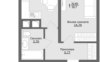 Планировка однокомнатной(квартира) площадью 35.7 квадратных метров в ЖК “ЖК Клевер”