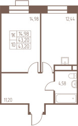Планировка однокомнатной(квартира) площадью 43.2 квадратных метров в ЖК “ЖК Западная Ивантеевка”