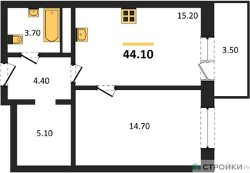 Планировка однокомнатной(квартира) площадью 43.7 квадратных метров в ЖК “ЖК Одинцовские кварталы”