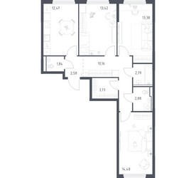 Планировка трехкомнатной(квартира) площадью 77.73 квадратных метров в ЖК “ЖК Пригород Лесное”