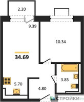 Планировка однокомнатной(квартира) площадью 34.69 квадратных метров в “ЖК Богдановский Лес”