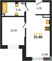 Планировка однокомнатной(квартира) площадью 35.86 квадратных метров в ЖК “Ласточкино”