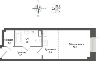 Планировка студии(квартира) площадью 27.4 квадратных метров в “ЖК КИНОКВАРТАЛ”