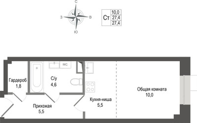 Планировка студии(квартира) площадью 27.4 квадратных метров в ЖК “ЖК КИНОКВАРТАЛ”