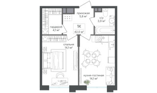 Планировка однокомнатной(квартира) площадью 42 квадратных метров в “ЖК Михалковский”