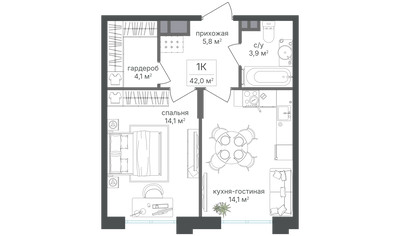 Планировка однокомнатной(квартира) площадью 42 квадратных метров в ЖК “ЖК Михалковский”