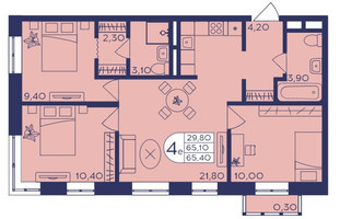 Планировка 4+ комнатной(квартира) площадью 65.4 квадратных метров в ЖК “ЖК Героев”