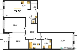 Планировка трехкомнатной(квартира) площадью 77.9 квадратных метров в “ЖК Бунинские кварталы”