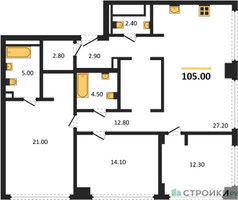 Планировка трехкомнатной(квартира) площадью 105 квадратных метров в “ЖК СТОУН Грэйн”