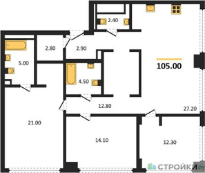 Планировка трехкомнатной(квартира) площадью 105 квадратных метров в ЖК “ЖК СТОУН Грэйн”