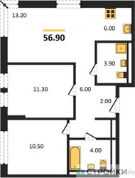 Планировка двухкомнатной(квартира) площадью 56.9 квадратных метров в ЖК “ЖК Квартал Западный”