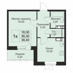 Планировка однокомнатной(апартаменты) площадью 38.4 квадратных метров в “ЖК Кашинцево”
