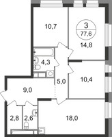 Планировка трехкомнатной(квартира) площадью 77.6 квадратных метров в “ЖК Первый Московский”
