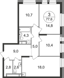 Планировка трехкомнатной(квартира) площадью 77.6 квадратных метров в ЖК “ЖК Первый Московский”