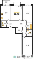 Планировка трехкомнатной(квартира) площадью 78.36 квадратных метров в ЖК “ЖК Рублевский Квартал”