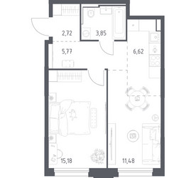 Планировка однокомнатной(квартира) площадью 45.62 квадратных метров в ЖК “ЖК Квартал Строгино”