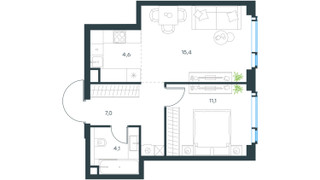 Планировка двухкомнатной(квартира) площадью 42.2 квадратных метров в “ЖК Левел Мичуринский”