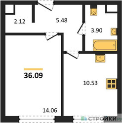 Планировка однокомнатной(квартира) площадью 36.09 квадратных метров в ЖК “ЖК Одинград. Квартал Семейный”