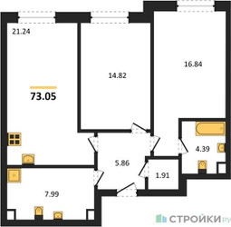 Планировка двухкомнатной(квартира) площадью 73.05 квадратных метров в ЖК “ЖК Sezar City (Сезар Сити)”