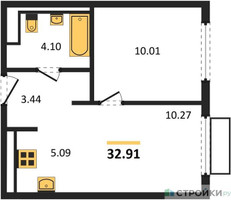 Планировка однокомнатной(квартира) площадью 32.91 квадратных метров в “ЖК Пригород Лесное”