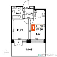 Планировка однокомнатной(апартаменты) площадью 39.08 квадратных метров в “ЖК Движение. Говорово”