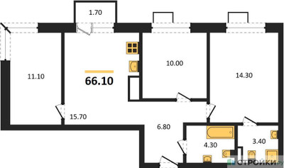 Планировка трехкомнатной(квартира) площадью 66.1 квадратных метров в ЖК “ЖК Foreville (Форевилль)”