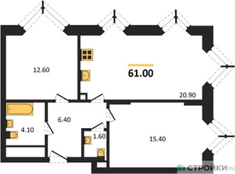 Планировка двухкомнатной(квартира) площадью 61 квадратных метров в ЖК “ЖК Wave (Вейв)”