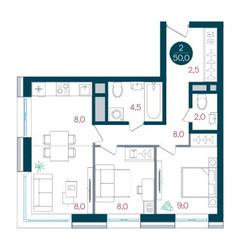 Планировка двухкомнатной(квартира) площадью 50 квадратных метров в ЖК “ЖК РУСИЧ-Кантемировский”