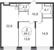 Планировка двухкомнатной(квартира) площадью 68.3 квадратных метров в “ЖК Первый Московский”