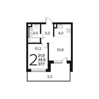 Планировка двухкомнатной(квартира) площадью 37.7 квадратных метров в “Новые Ватутинки. Заречный”