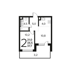 Планировка двухкомнатной(квартира) площадью 37.7 квадратных метров в ЖК “Новые Ватутинки. Заречный”