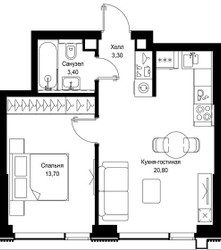 Планировка однокомнатной(квартира) площадью 41.2 квадратных метров в ЖК “Мультиквартал СИТИДЗЕН”