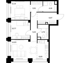 Планировка двухкомнатной(квартира) площадью 68.81 квадратных метров в ЖК “ЖК НОВА”