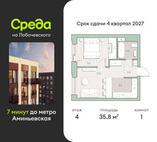 Планировка однокомнатной(квартира) площадью 35.8 квадратных метров в “ЖК Среда на Лобачевского”