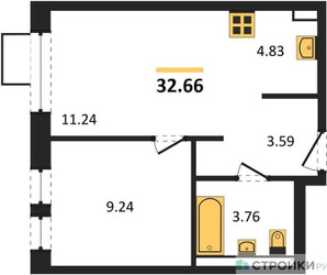 Планировка однокомнатной(квартира) площадью 32.66 квадратных метров в ЖК “ЖК Квартал Ивакино”