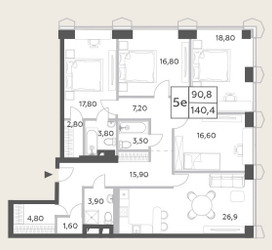 Планировка 4+ комнате(квартира) площадью 140.4 квадратных метров в “ЖК Will Towers (Вилл Тауэрс)”