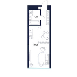 Планировка студии(апартаменты) площадью 34 квадратных метров в ЖК “МФК DIUS (Диус)”
