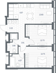 Планировка двухкомнатной(квартира) площадью 62.34 квадратных метров в ЖК “ЖК TATE (Тэйт)”